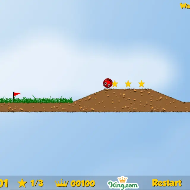Red Ball 2 level 1 with the red ball rolling over a grassy hill toward three gold stars