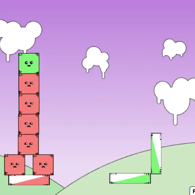 Red Remover level 4 with a tall tower of frowning red blocks topped by a smiling green one under white clouds