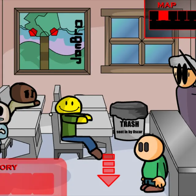 Riddle School classroom with Phil in a green shirt, sleeping Phred, Smiley and a teacher at a board saying Earth is flat