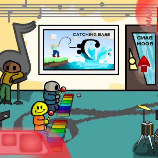 Riddle School 2 music room with rainbow xylophones, a drum kit, Phil, Smiley and band director Mr. O. Boe by the Band Room door