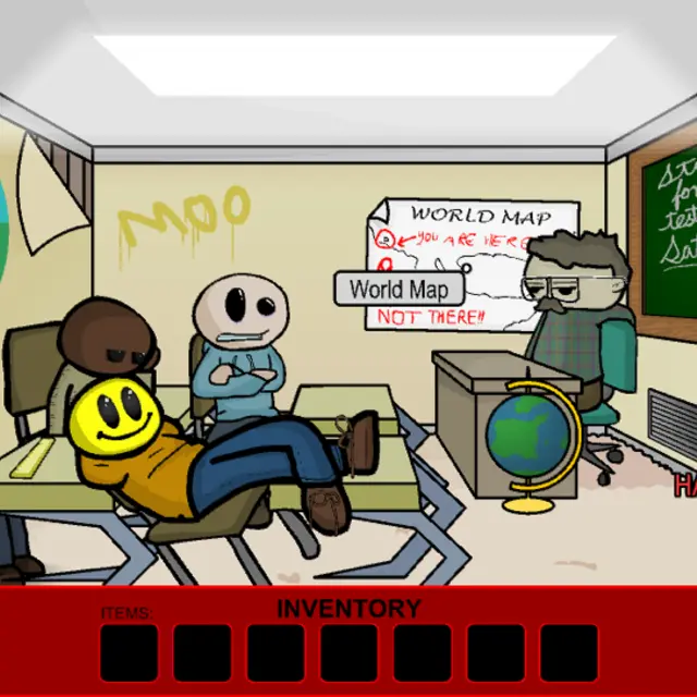 Riddle School 3 geography classroom with Phil, Smiley, a skull-faced boy and Mr. Soggy beside a globe and air vent