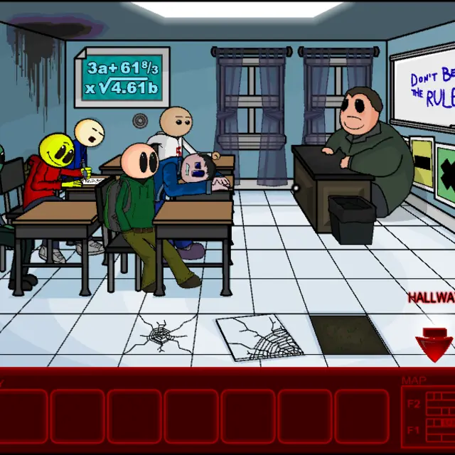 Riddle School 4 maths classroom with Phil, an alien pupil, a large teacher at his desk and a whiteboard about bending rules