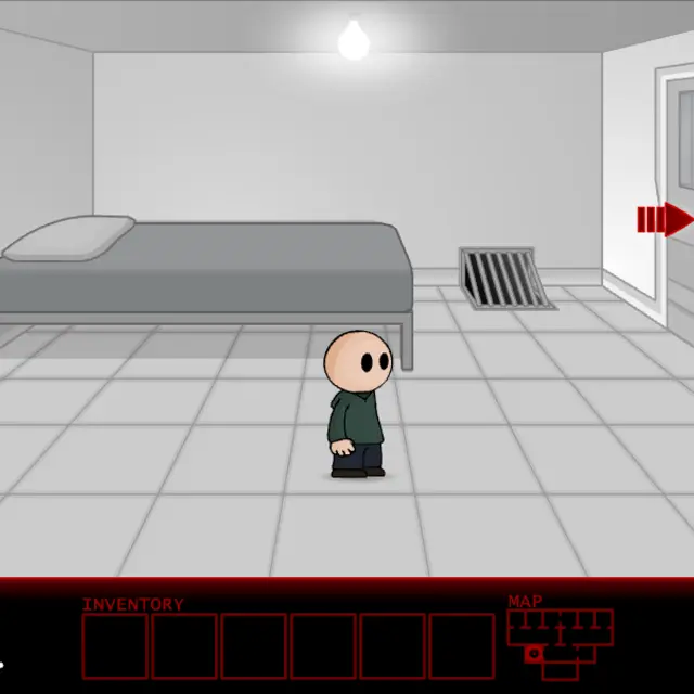 Riddle School 5 bare grey cell with Phil standing by a metal bed, a floor vent and a barred door