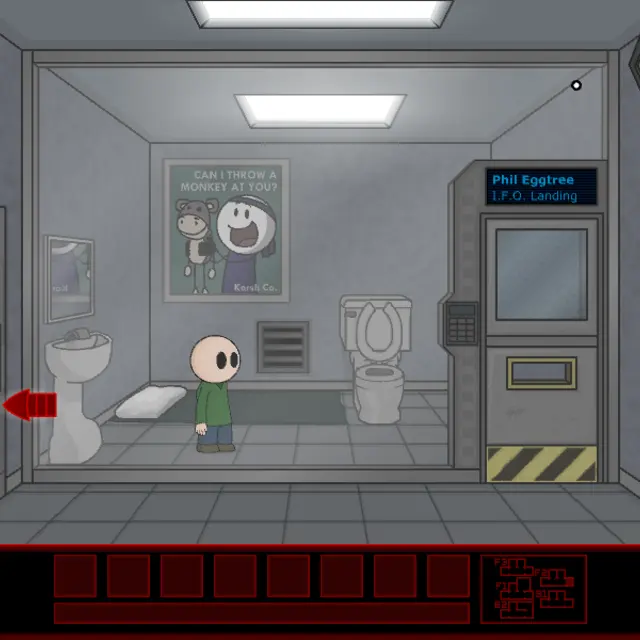 Riddle Transfer holding cell with Phil behind glass beside a sink, toilet and a door panel labelled Phil Eggtree