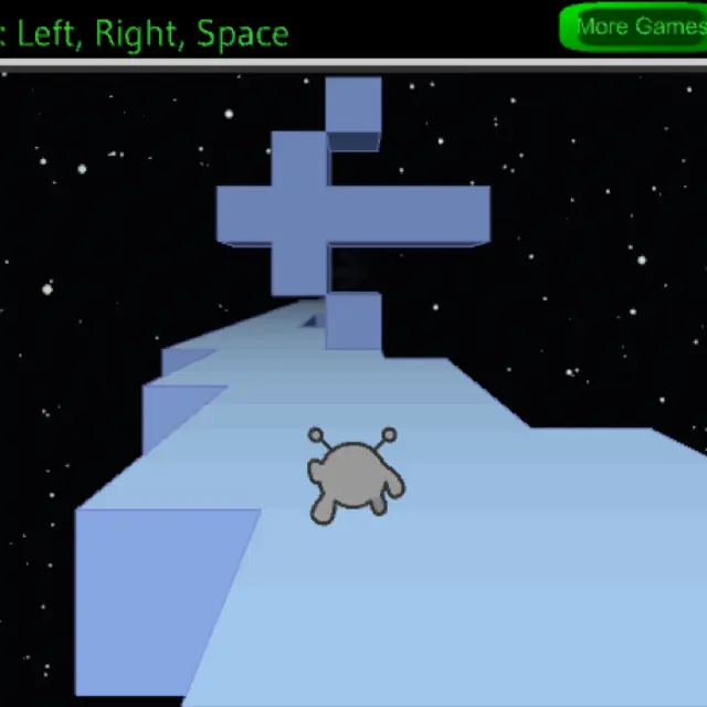 Grey alien running along a pale blue block track in space toward a floating cross-shaped obstacle