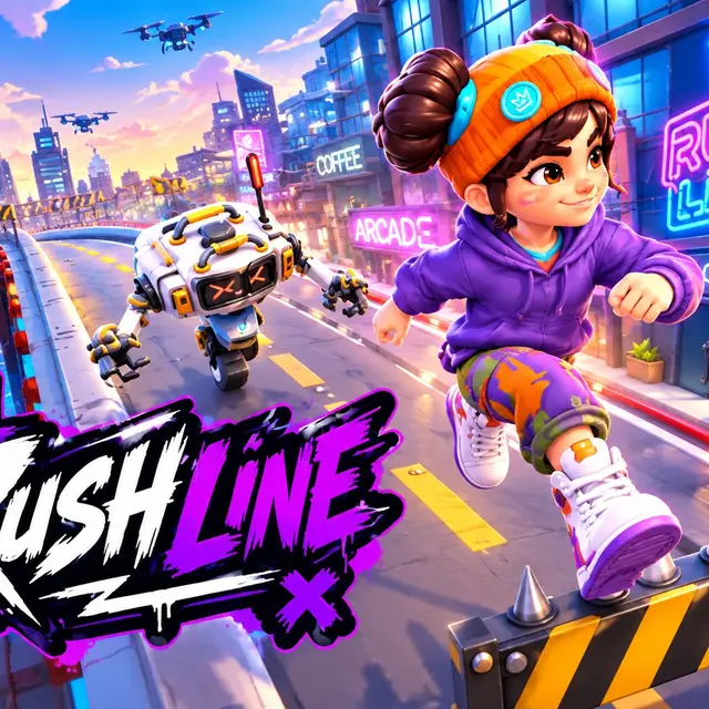 Cartoon runner sliding under a sign on a busy city street with traffic