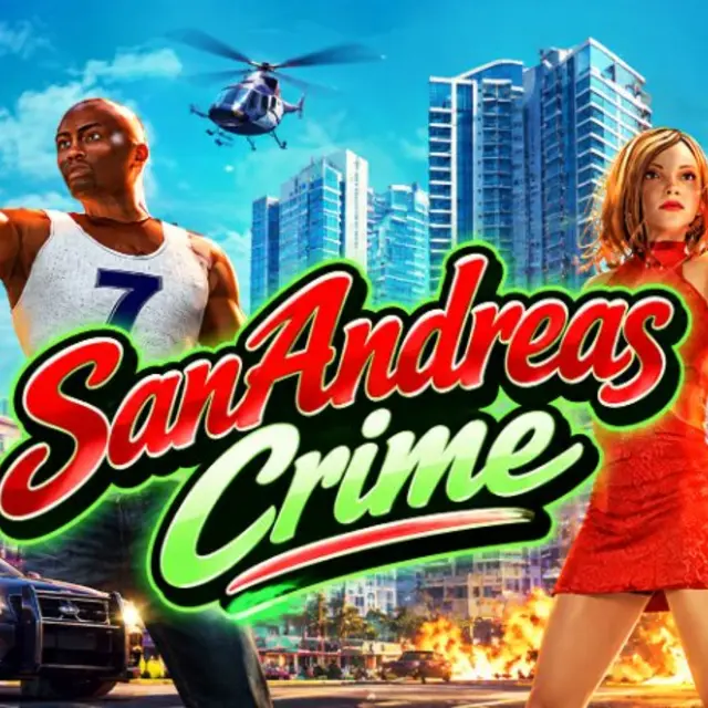 Two armed gangsters in front of city towers with a police car and a helicopter