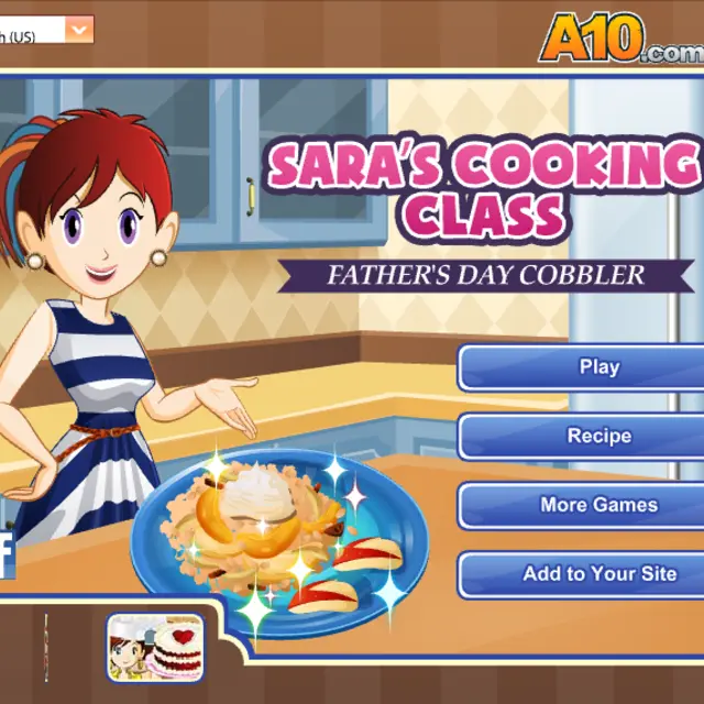 Sara in a striped dress presenting a plate of apple cobbler with whipped cream