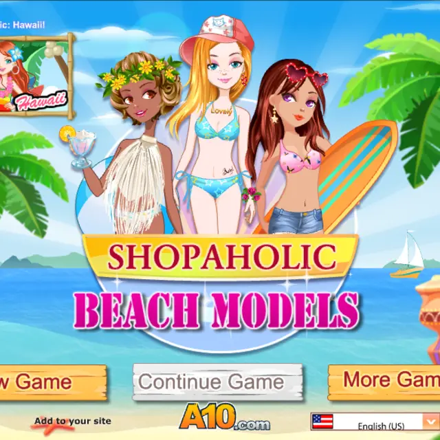 Three beach models with a surfboard, sun hat and flower crown under palm trees by the sea