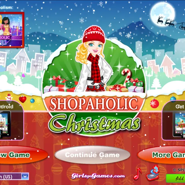 Blonde girl in a red knit hat and tartan scarf beside Christmas presents under falling snow