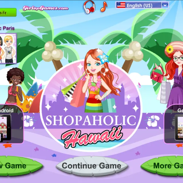 Red-haired girl with a flower lei and shopping bags under coconut palms on a Hawaiian beach