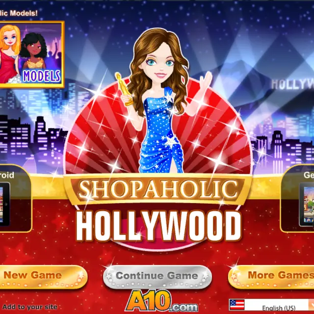 Brunette star in a sparkling blue gown waving under searchlights with the Hollywood sign behind