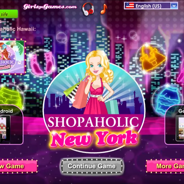 Blonde shopper in a pink dress holding shopping bags in front of a neon New York skyline
