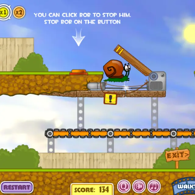 Snail Bob crawling past a swinging plank and an electric arm on a construction site