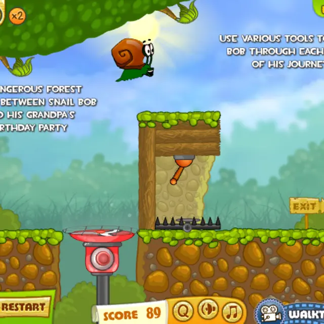 Snail Bob 2 first level with Bob launched off a trampoline above a spike row in the forest