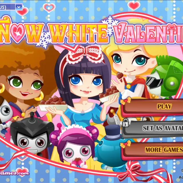 Chibi Snow White with a red bow and friends holding chocolates inside a big pink heart