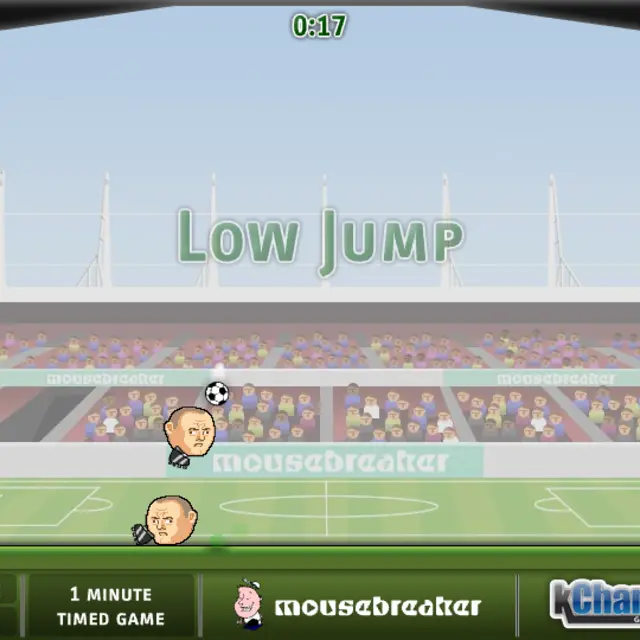 Sports Heads Football match with two big cartoon heads under a high ball in front of a full stadium and a Low Jump power-up message