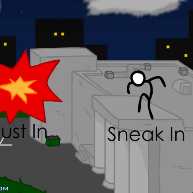 Henry Stickmin on a night rooftop beside a museum with two choices, Bust In and Sneak In