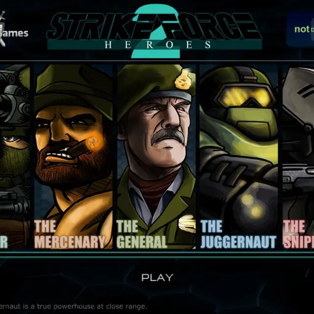 Strike Force Heroes 2 lineup of five soldier portraits labelled Engineer, Mercenary, General, Juggernaut and Sniper