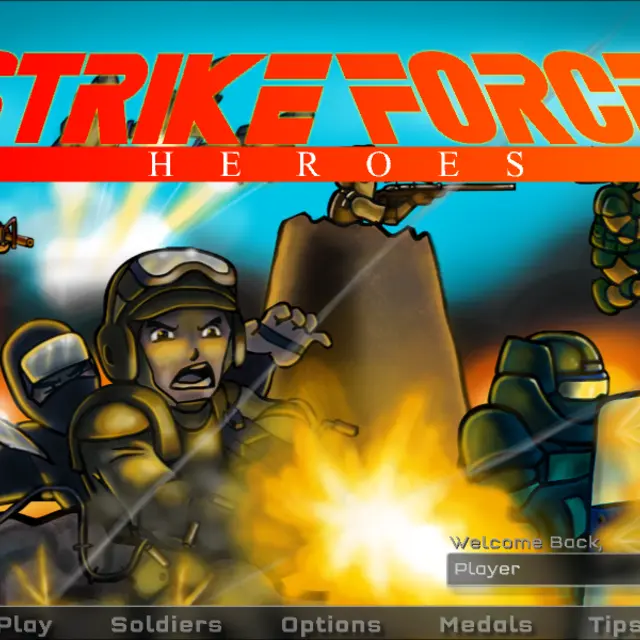 Strike Force Heroes title art with a shouting soldier, a riot shield trooper and a knife-wielding commando under a red logo