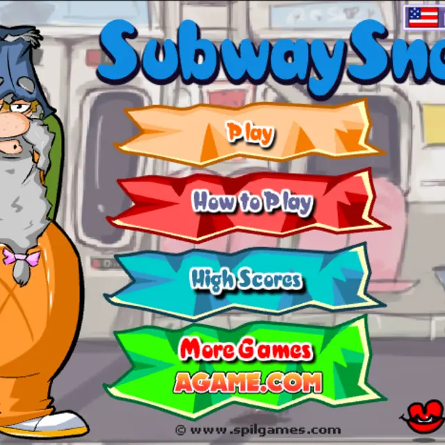 Bearded man in orange overalls with a green sneeze on a subway train