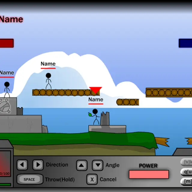 Territory War grenade aiming screen with stick figure soldiers on a stone tower and wooden planks