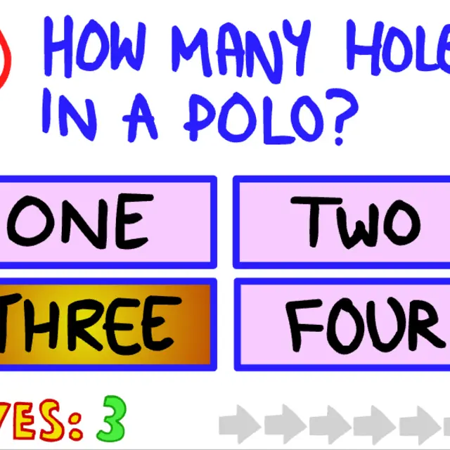 The Impossible Quiz question 1, How many holes in a polo, with four hand-drawn answer boxes and three lives