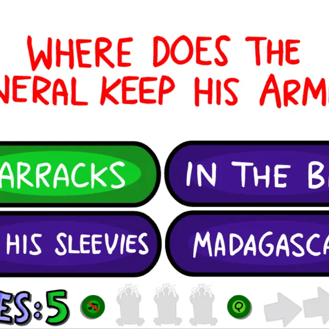 Question 1 of The Impossible Quiz 2 asking where the general keeps his armies, with four purple answer buttons