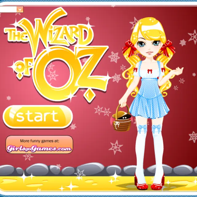 Blonde Dorothy with pigtails, blue dress and a picnic basket on a golden road