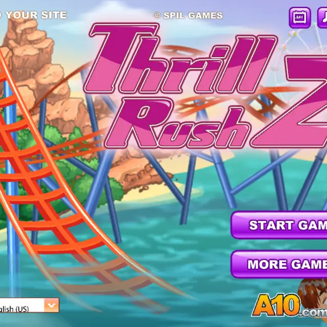 Blonde girl in a pink roller coaster car on a red track above a seaside theme park