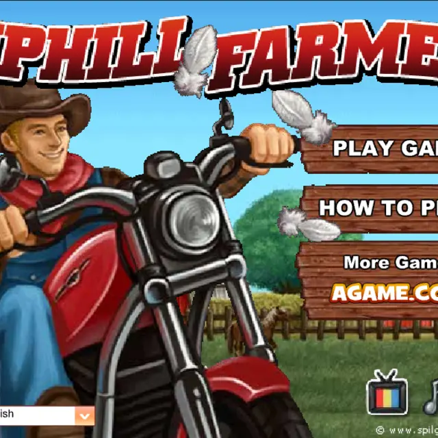 Smiling farmer in a cowboy hat riding a red motorcycle past a farm fence