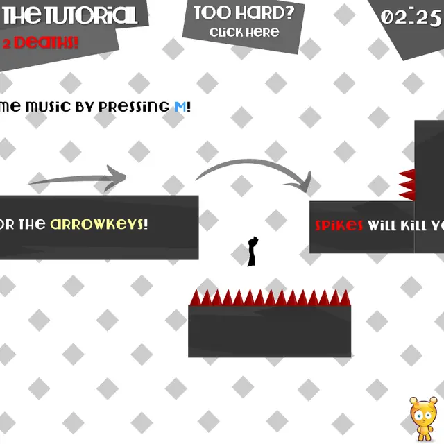 Vex tutorial with a black stick figure jumping over red spikes between dark grey platforms