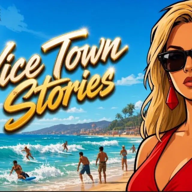 Blonde woman in sunglasses on a crowded beach with surfers and palm trees