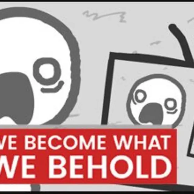 Hand-drawn screaming face beside a TV with a red hashtag title banner