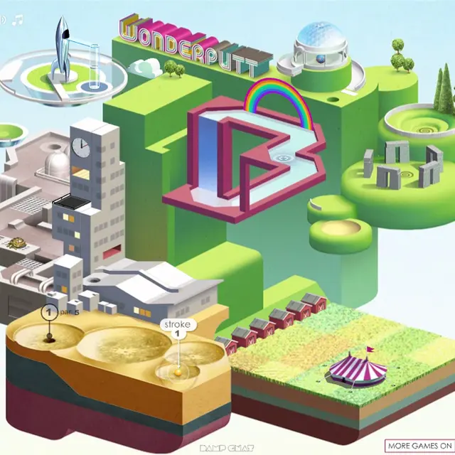 Wonderputt isometric island with sand craters, a barn field, an office tower and a rainbow pipe loop, ball on the first hole