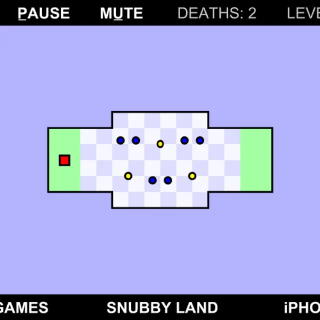 Level 1 of World's Hardest Game 2: a red square beside a cross-shaped room with blue dots and yellow coins