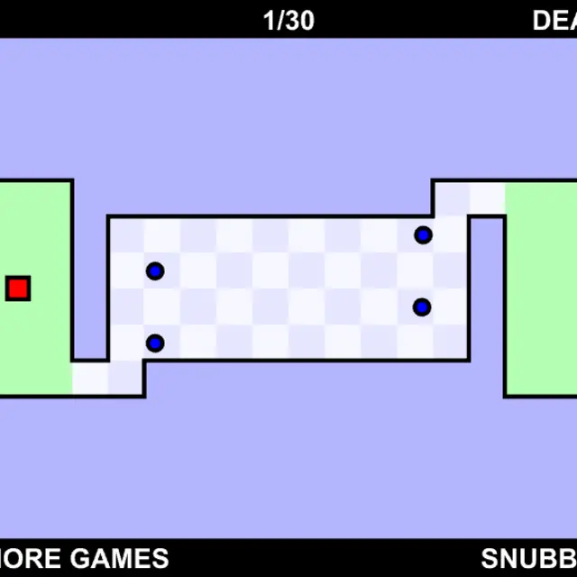 First level of The World's Hardest Game: a red square on a green pad facing four blue dots in a checkered corridor