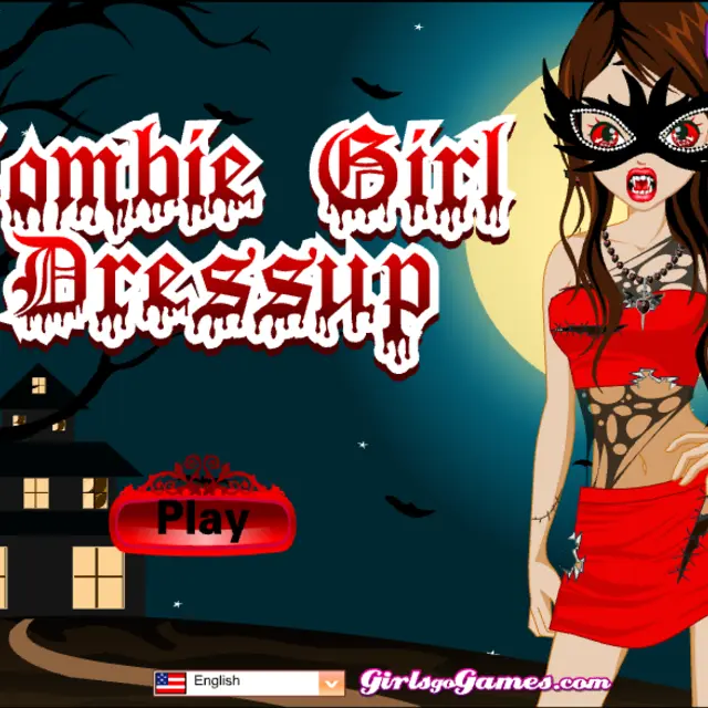 Zombie girl in a red dress and black lace mask in front of a full moon