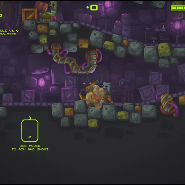 Red-suited biobot shooting a zombie in a purple underground laboratory full of stone blocks and crates